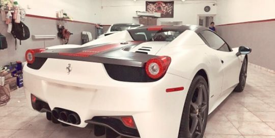 Ferrari 458 wrapped in Avery SW Satin Pearl White and Red Chrome stripes