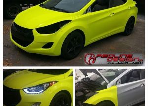 Hyundai Elantra wrapped in Fluorescent Satin Neon Yellow vinyl