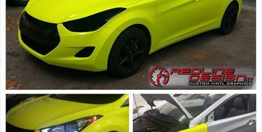 Hyundai Elantra wrapped in Fluorescent Satin Neon Yellow vinyl