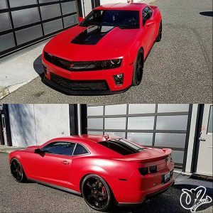 Chevy Camaro ZL1 wrapped in Avery SW Satin Carmine Red vinyl