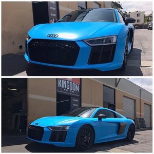Audi R8 wrapeed in Avery's new Satin Light Blue vinyl