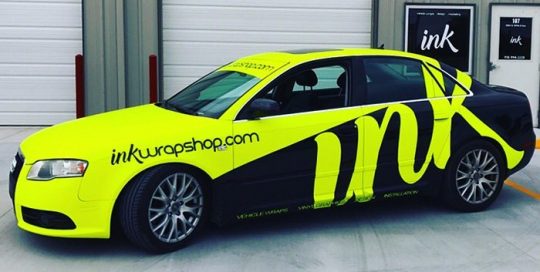 Audi A-4 wrapped in Satin Neon Fluorescent Yellow vinyl and 1080 Matte Black vinyls