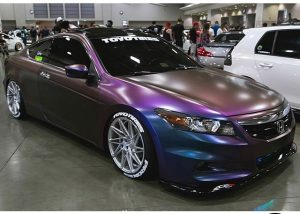 Honda Accord wrapped in Avery ColorFlow Satin Rushing Riptide Cyan/Purple shade shifting vinyl