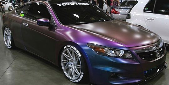 Honda Accord wrapped in Avery ColorFlow Satin Rushing Riptide Cyan/Purple shade shifting vinyl