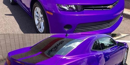 Chevy Camaro wrapped in Gloss Plum Explosion vinyl