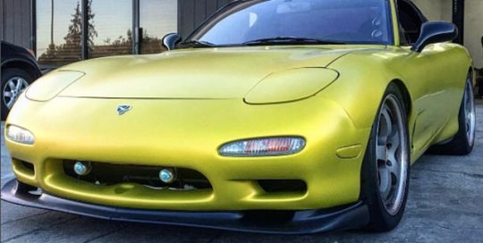 Mazda RX7 wrapped in Satin Bitter Yellow vinyl