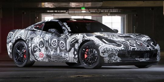 Chevy Corvette wrapped in custom printed white ink on Avery SW Matte Black vinyl