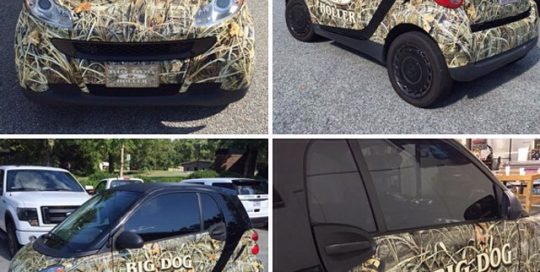 Smart Car wrapped in custom printed Camo Commercialwrap on 3M IJ180Cv3 vinyl