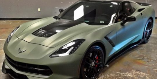 Chevy Corvette wrapped in Matte Military Green vinyl