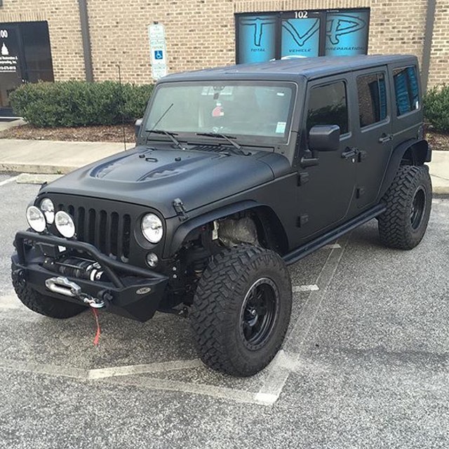 Jeep Wrangler wrapped in Matte Black vinyl