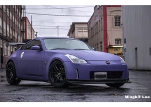 Nissan 370z wrapped in Matte Royal Purple vinyl