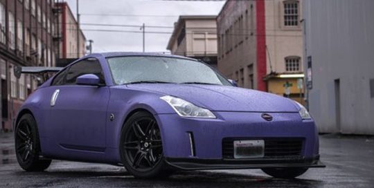 Nissan 370z wrapped in Matte Royal Purple vinyl