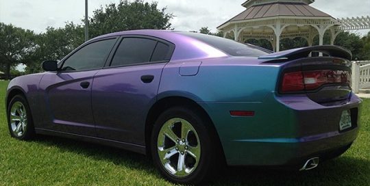 Dodge Charger wrapped in Orafol 970RA Shift Effect Turquoise/Lavender vinyl