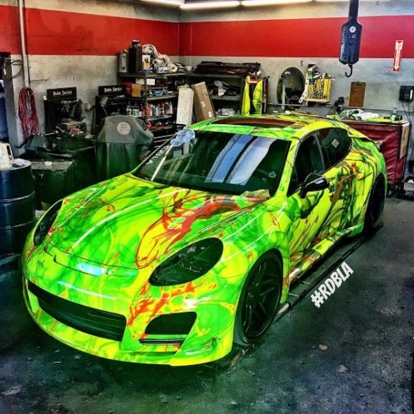 Porsche Panamera wrapped in custom printed 3M 1080 Satin Fluorescent