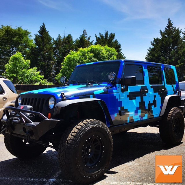 Jeep Wrangler wrapped in custom printed digitalcamo on Avery MPI 1005