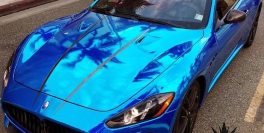 Maserati Granturismo wrapped in Avery SW Blue Chrome and Black Chrome vinyls