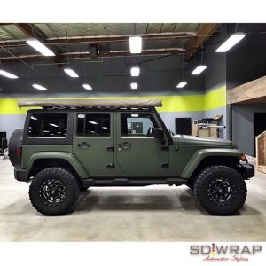 Jeep Wrangler wrapped in Matte Military Green vinyl