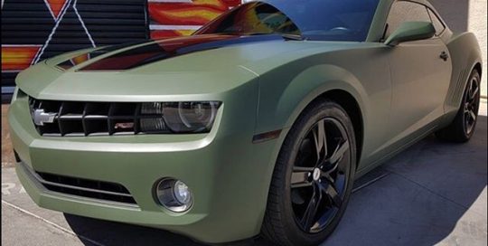 Chevrolet Camaro wrapped in Matte Military Green vinyl