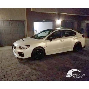 Subaru WRX wrapped in Avery SW Satin Pearl White vinyl