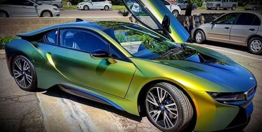 BMW I8 wrapped in Avery's new ColorFlow Satin Fresh Spring Gold/Silver shade shifting vinyl