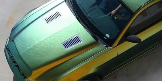Mustang wrapped in Avery ColorFlow Fresh Spring Satin Gold/Silver shade shifting vinyl