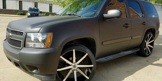 Chevy Tahoe wrapped in Avery SW Matte Black vinyl