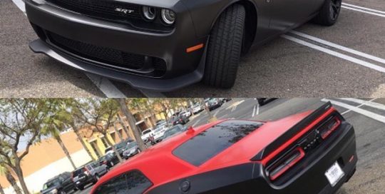 Dodge Challenger Hell Cat wrapped in Avery SW Satin Black and Satin Carmine Red vinyl