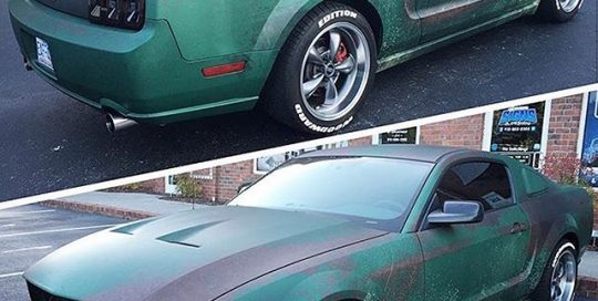 Mustang GT wrapped in custom printed rust patina on Avery 1105EZRS vinyl
