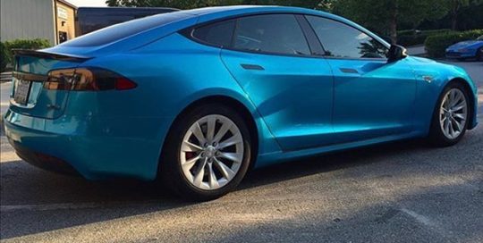 Tesla P90D wrapped in Gloss Atlantis Blue vinyl