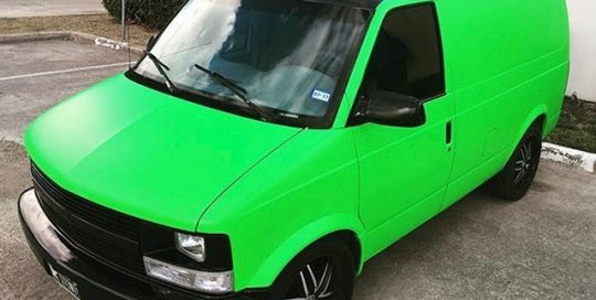 Chevy Astrovan wrapped in Satin Neon Fluorescent Green and Satin Black vinyls