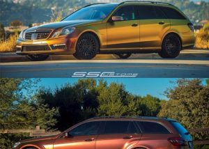Mercedes Benz E63 Wagon wrapped in Avery's new Colorflow Rising Sun Red/Gold shade shifting vinyl