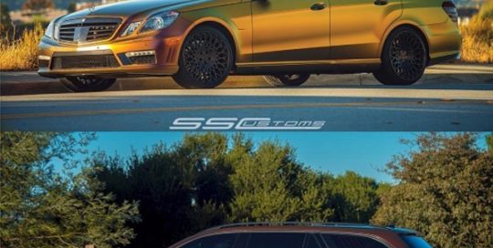 Mercedes Benz E63 Wagon wrapped in Avery's new Colorflow Rising Sun Red/Gold shade shifting vinyl