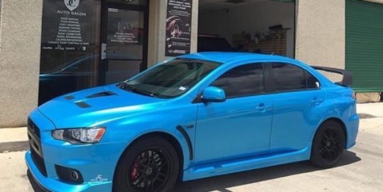 Mitsubishi Evox wrapped in Avery SW Bahama Blue Pearl vinyl