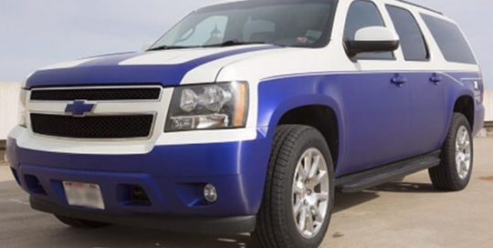 Chevrolet Tahoe wrapped in Satin Pearl White and Satin Mystique Blue vinyls with 8900 Brushed overlaminate