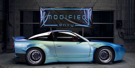 Nissan 240SX wrapped in Orafol 970RA Shift Effect Matte Green/Blue vinyl