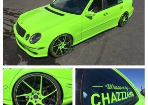 Mercedes Benz E-55 wrapped in Orafol 970RA Lawn Green vinyl