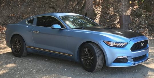 Ford Mustang wrapped in Avery SW900 Matte Frosty Blue Metallic and Satin Black vinyls