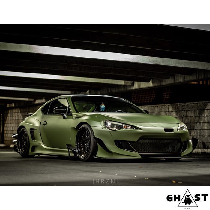 Subaru BRZ wrapped in Matte Military Green vinyl