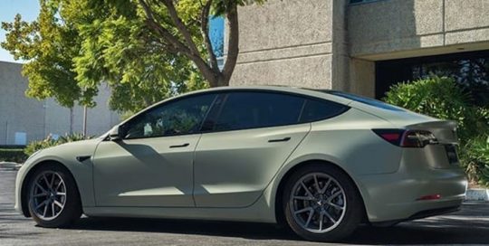Tesla Model-3 wrapped in Avery SW Satin Khaki Green vinyl