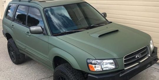 Subaru wrapped in 3M 1080 Matte Military Green vinyl