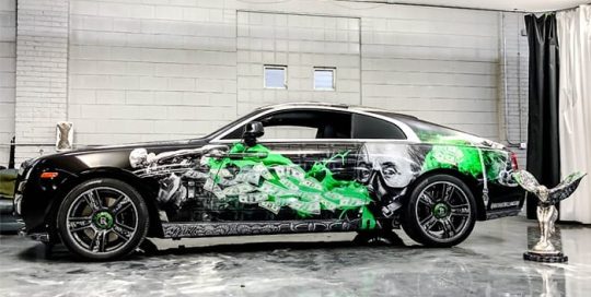 Rolls Royce wrapped in custom printed 3M IJ180mC-120 Satin White Aluminum vinyl
