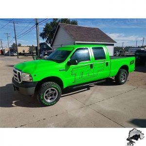 Ford F250 Wrapped in Satin Neon Fluorescent Green Vinyl
