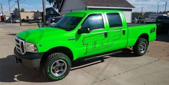 Ford F250 Wrapped in Satin Neon Fluorescent Green Vinyl