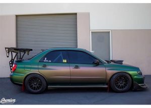 Subaru WRX Wrapped in Avery Satin Urban Jungle SilverGreenPurple Shade Shifting Vinyl