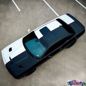 Dodge wrapped in 3M ColorFlip Ghost Pearl White and Avery SW Satin Black vinyls