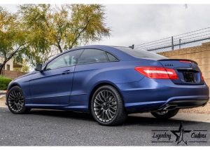 Mercedes Benz E550 wrapped in Avery SW Matte Night Blue Metallic vinyl