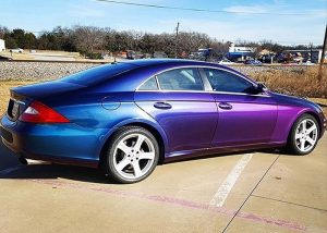 Mercedes Benz wrapped in Avery ColorFlow Gloss Rushing Riptide Cyan/Purple shade shifting vinyl