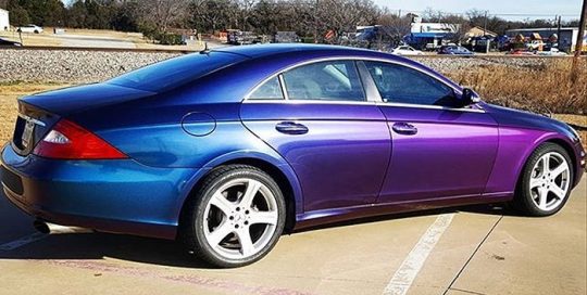 Mercedes Benz wrapped in Avery ColorFlow Gloss Rushing Riptide Cyan/Purple shade shifting vinyl