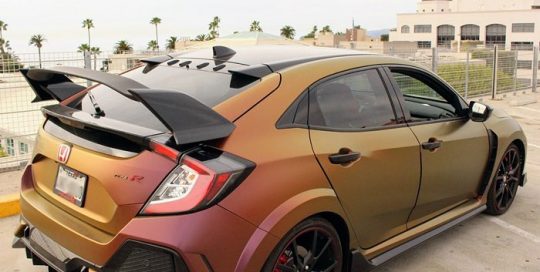 Honda Civic wrapped in Avery ColorFlow Satin Rising Sun Red/Gold shade shifting vinyl