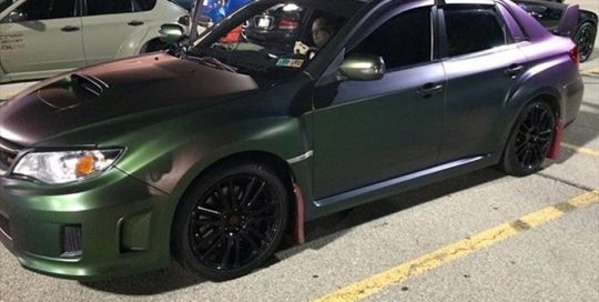 Subaru Wrx wrapped in Avery Satin Urban Jungle Silver/Green/Purple shade shifting vinyl